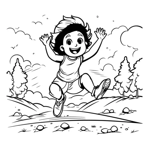 Ilustração Preto Branco Dos Desenhos Animados Menina Feliz Que Corre — Vetor de Stock