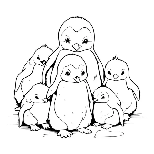 Οικογένεια Πιγκουίνων Ασπρόμαυρη Διανυσματική Απεικόνιση Για Βιβλίο Ζωγραφικής — Διανυσματικό Αρχείο