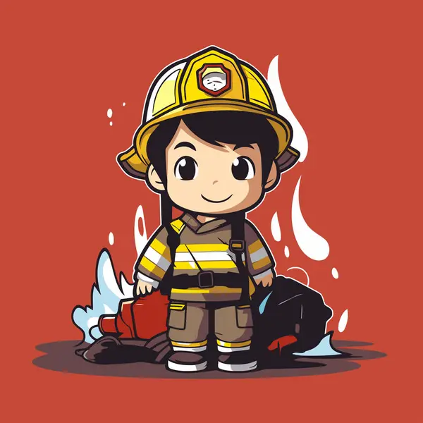 Firefighter boy with helmet and gloves. Vector illustration in cartoon style.