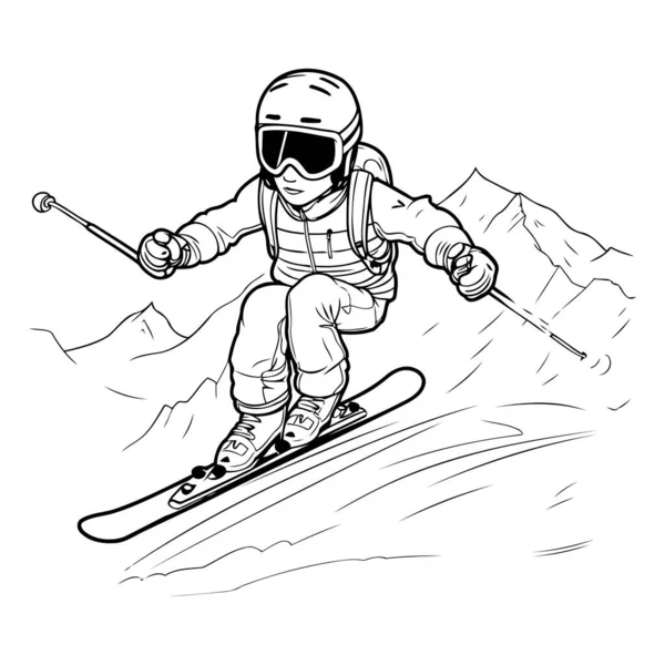 Skifahren Skifahrer Beim Abfahren Schwarz Weiße Vektorillustration — Stockvektor