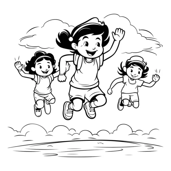 Miúdos Felizes Saltar Correr Céu Ilustração Vetorial Preto Branco — Vetor de Stock