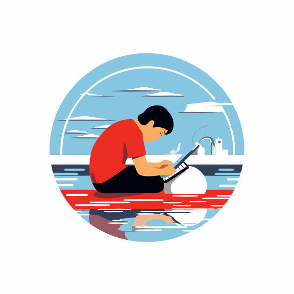 Человек, сидящий на веслах и пользующийся ноутбуком. Векторная иллюстрация плоского стиля.