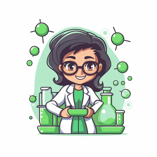 Personagem Desenho Animado Menina Cientista Jaleco Óculos Ilustração Vetorial — Vetor de Stock