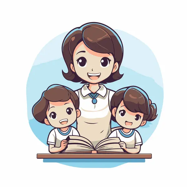Matka Čte Knihu Svými Dětmi Vektorová Ilustrace Kresleném Stylu — Stockový vektor