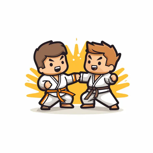 Karate Jongen Meisje Cartoon Vector Illustratie Een Witte Achtergrond — Stockvector