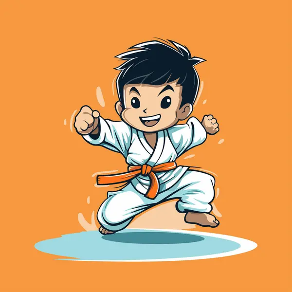 Vector Illustration Karate Boy Kimono Orange Background — Stock Vector