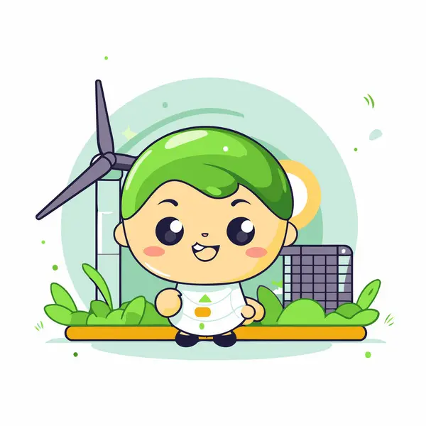 Lindo Bebé Dibujos Animados Con Turbina Viento Paneles Solares Ilustración — Vector de stock