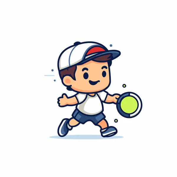Ragazzo Dei Cartoni Animati Che Gioca Tennis Illustrazione Vettoriale Stile — Vettoriale Stock