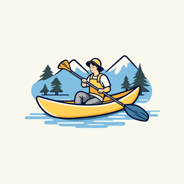 Homem Caiaque Lago Ilustração Vetorial Canoagem — Vetor de Stock