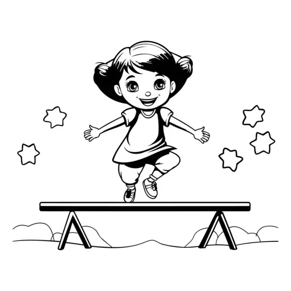 Bonito Menina Saltando Sobre Obstáculo Preto Branco Vetor Ilustração Gráfico — Vetor de Stock