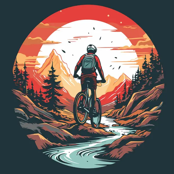 Rowerzysta Górski Jeździ Górach Zachodzie Słońca Ilustracja Wektora — Wektor stockowy