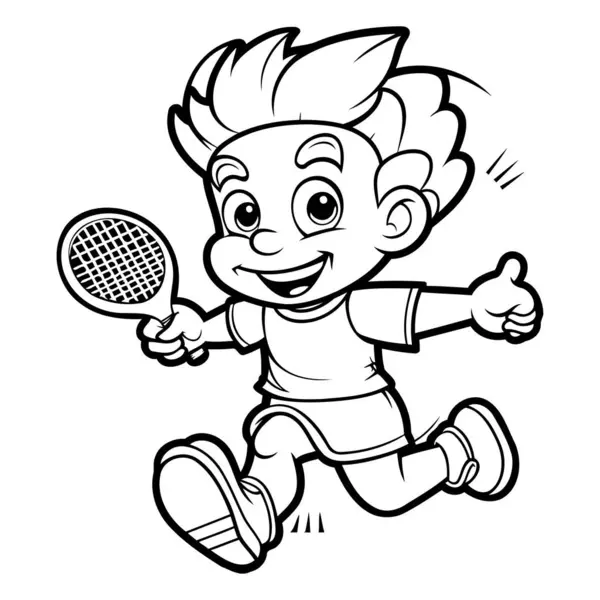 Desenhos Animados Ilustração Little Boy Tennis Player Character Coloring Book — Vetor de Stock