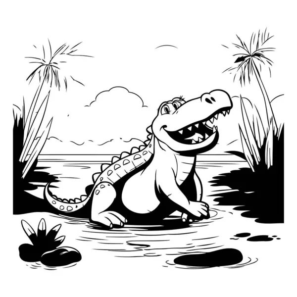 Crocodile Sur Plage Illustration Vectorielle Noir Blanc — Image vectorielle