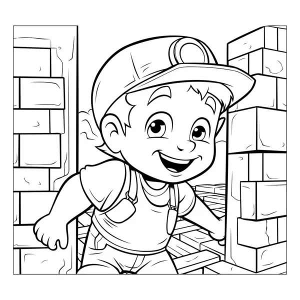 Ilustração Preto Branco Dos Desenhos Animados Personagem Kid Boy Builder — Vetor de Stock
