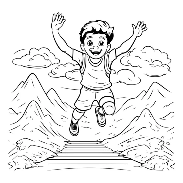 Rapaz Feliz Saltar Trilho Montanha Ilustração Vetorial Preto Branco — Vetor de Stock