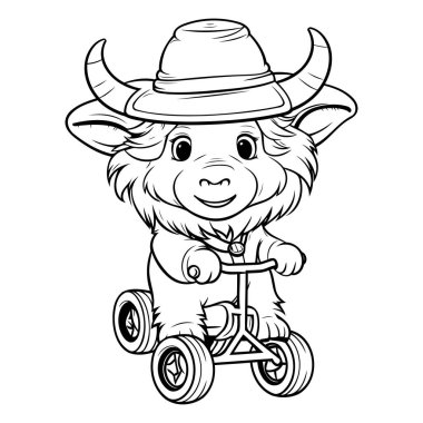 Bull Çizgi Filmi Maskot Karakteri Üç Tekerlekli Vektör Resmini Sürüyor