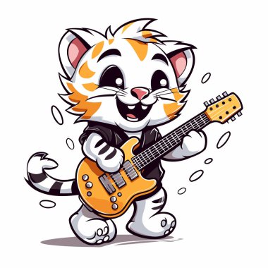 Elektro gitar çalan şirin çizgi film kaplanının vektör çizimi. Beyaz arkaplanda izole