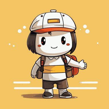 Sarı arka planda sırt çantası olan sevimli bir okul çocuğu. Vektör illüstrasyonu.