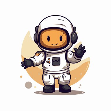 Uzay giysili şirin astronot el sallıyor. Vektör illüstrasyonu.