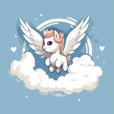 Bulutlarda uçan kanatlı şirin tek boynuzlu at çizgi filmi. Vektör illüstrasyonu.