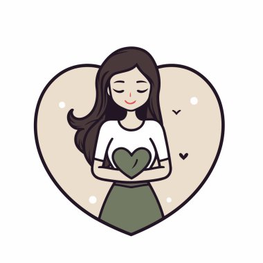 Uzun saçlı, elinde kalp tutan bir kızın vektör çizimi.