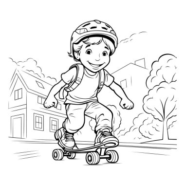 Sokakta kaykay süren bir çocuk. Boyama kitabı için Vektör illüstrasyonu