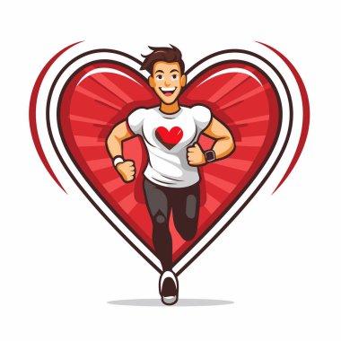 Kalp şeklinde vektör illüstrasyonunda koşan adam. Spor ve sağlıklı yaşam tarzı kavramı.