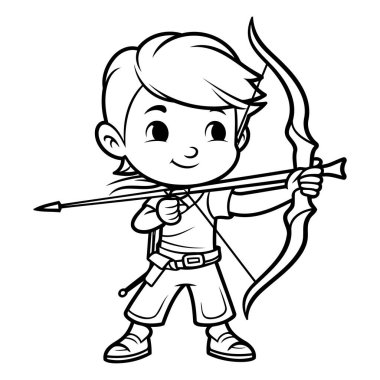 Aşk Tanrısı - Siyah ve Beyaz Çizgi film Yay ve Ok 'lu Küçük Çocuğun Çizimi