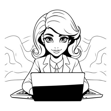 Dizüstü bilgisayarda çalışan İş kadınının Siyah ve Beyaz Çizgi Filmleri