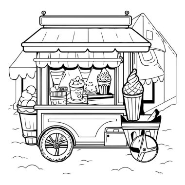 Dondurmalı dondurma arabası. Siyah beyaz vektör illüstrasyonu.