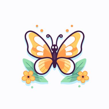 Çiçekli kelebek. Düz biçimli renkli vektör illüstrasyonu