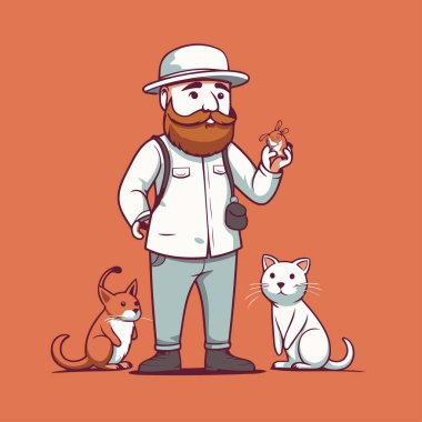 Şapkalı ve bıyıklı bir adam kedi tutuyor. Vektör illüstrasyonu.
