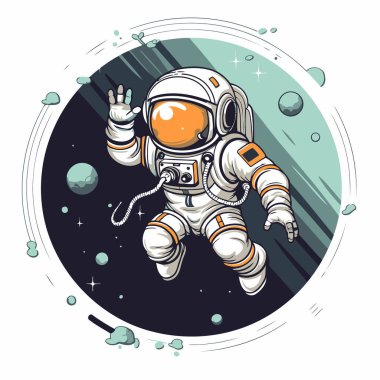 Uzayda bir astronot. Çizgi film tarzında vektör illüstrasyonu.