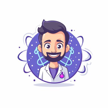 Beyaz önlüklü çizgi film doktoru. Düz biçimli vektör illüstrasyonu.