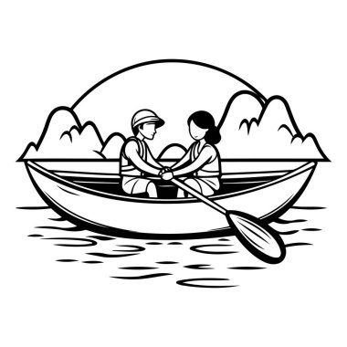 Gölde teknede bir çift. Siyah ve beyaz vektör çizimi