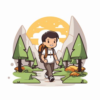 Dağlarda sırt çantalı gezgin çocuk. Çizgi film vektör illüstrasyonu.