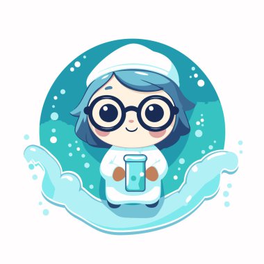 Gözlüklü, şapkalı, mataralı şirin bir bilim kadını. Vektör illüstrasyonu.