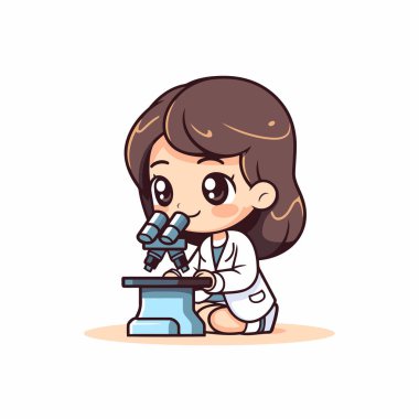 Mikroskop vektör çizimi olan küçük bir bilim kadını beyaz bir arkaplanda izole edilmiş..