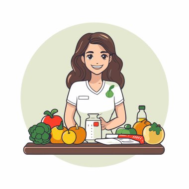 Gülümseyen genç bayan mutfakta taze meyve suyu hazırlıyor. Vektör illüstrasyonu.