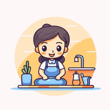 Mutfakta bulaşık yıkayan tatlı küçük kız. Vektör illüstrasyonu.