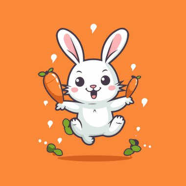 Havuçlu şirin beyaz tavşan. Vektör düz çizgi film karakteri çizimi.