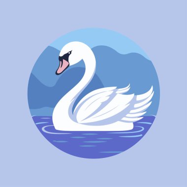 Göl ikonunda yüzen kuğu. Düz biçimdeki vektör illüstrasyonu