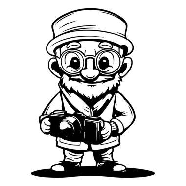 Beyaz arka planda kameralı yaşlı bir adamın vektör illüstrasyonu.