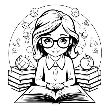 Kitap okuyan gözlüklü bir kızın siyah beyaz çizimi.