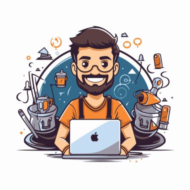 Dizüstü bilgisayarda çalışan hippi. Çizgi film tarzında vektör illüstrasyonu.