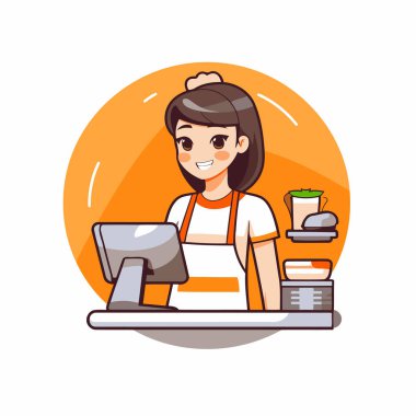 Bilgisayarlı bir kafe çalışanı. Çizgi film tarzında vektör illüstrasyonu