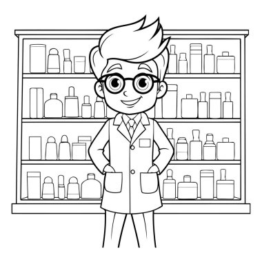 Eczanedeki eczacı çizgi filmi. Siyah ve beyaz vektör illüstrasyon grafik tasarımı.