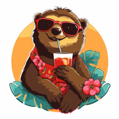 Güneş gözlüklü şirin bir kahverengi ayının kokteyl ile temsili resmi..