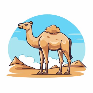 Çöldeki deve. Çizgi film tarzında vektör illüstrasyonu.