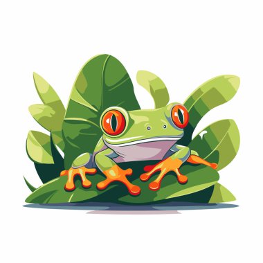 Yeşil yaprakların üzerinde oturan yeşil ağaç kurbağası çizgi filmi. Vektör illüstrasyonu.